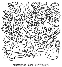 Exotic underwater plants coloring book for adults. Marine flora and fauna. Hand drawn Vector illustration