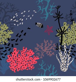 Exotic underwater world seamless pattern. Coral fish. Sea seamless pattern