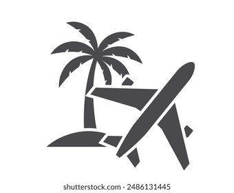 exotic vacation air travel flat icon. palm tree and plane. isolated vector image for tourism design