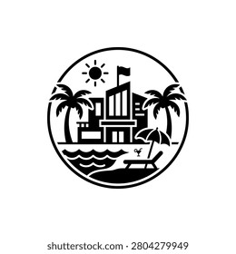 Exotic vacation destination featuring modern resort architecture surrounded by palm trees under bright summer sun near sandy beach with lounge chair and refreshing cocktail drink silhouette icon set within circular frame design for travel tourism branding concept art.