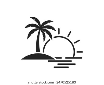 playa, palmera, mar y símbolo del sol. Imagen de Vector aislado para el diseño turístico