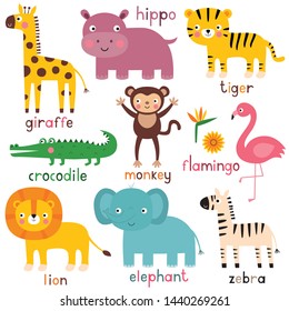 Exotic  vector animals (giraffe, tiger, crocodile, lion, monkey, elephant, zebra, flamingo)