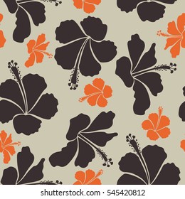 Exotic vector floral design. Textile print for bed linen, jacket, package design, fabric and fashion concepts. Neutral, brown and orange hibiscus pattern. Watercolor floral.