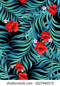 Exotic vector floral pattern with palm leaves and flowers. Summer background . Jungle wallpaper in brazilian  style.