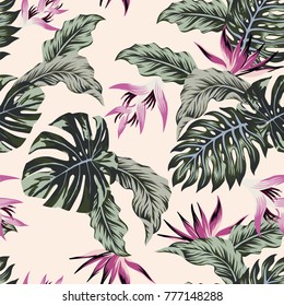 Exotic vector flowers tropical leaves green seamless light pink background.Trendy seamless pattern beach wallpaper