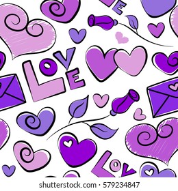 Exotic vector pattern. Abstract pattern on a white background. Summer and spring design. Rose flower, leaves, love text and letter, haerts in violet colors. Seamless doodle pattern.