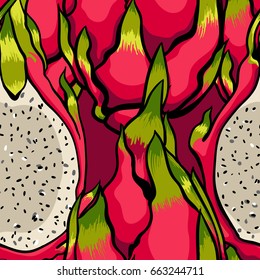 Exotic vector pattern. Dragon fruits on the bright white background.