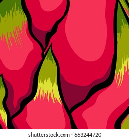Exotic vector pattern. Dragon fruits on the bright white background.