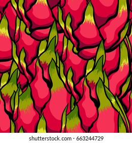 Exotic vector pattern. Dragon fruits on the bright white background.
