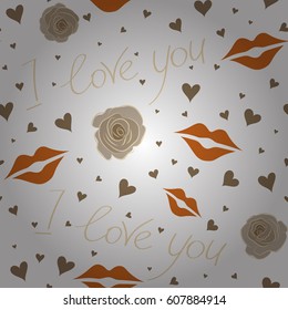 Exotic vector pattern. Summer and spring design. Seamless doodle pattern. Rose flower, leaves, love text haerts in orange and beige colors. Abstract pattern on a white background.