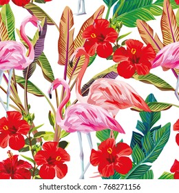 Impresión vectorial exótica sin fisuras plantas de tipo tropical flamingo hibiscus. Papel pintado de color blanco