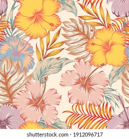 Exotic vector seamless fashionable hand drawing hibiscus flowers with palm tree leaves on light yellow background. Tropical summer pattern modern wallpaper