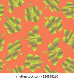 Exotic vector seamless pattern floral design. Watercolor floral seamless pattern. Textile print for bed linen, jacket, package, fabric and fashion concepts. Green, beige and orange hibiscus pattern.