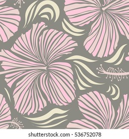 Exotic vector seamless pattern floral design. Textile print for bed linen, jacket, package design, fabric and fashion concepts. Gray and neutral hibiscus pattern. Watercolor floral seamless pattern.