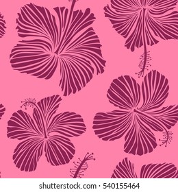 Exotic vector seamless pattern floral design. Watercolor floral seamless pattern. Textile print for bed linen, jacket, package design, fabric and fashion concepts. Purple and pink hibiscus pattern.