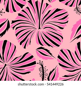 Exotic vector seamless pattern floral design. Pink and black hibiscus pattern. Watercolor floral seamless pattern. Textile print for bed linen, jacket, package design, fabric and fashion concepts.