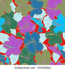 Exotic vector seamless pattern floral design. Textile print for bed linen, jacket, package design, fabric and fashion concepts. Green and blue hibiscus pattern. Watercolor floral seamless pattern.