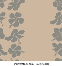 Exotic vector seamless pattern floral design with copy space. Vertical beige and gray hibiscus pattern. Floral textile print for bed linen, jacket, package design, fabric and fashion concepts.