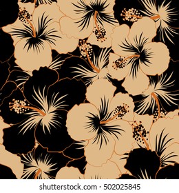 Exotic vector seamless pattern flower design. Beige and black hibiscus pattern. Floral seamless pattern with watercolor effect. Textile print for bed linen, jacket, fabric and fashion concepts.