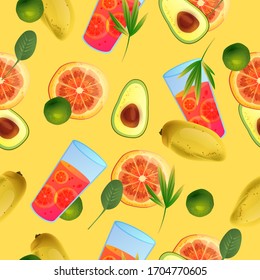 Exotic vector seamless pattern with mango, leaves, orange, glass of juice, lime, avocado on yellow background. Tropical fruit texture with summer cocktails for wrapping paper, menus, cafe 