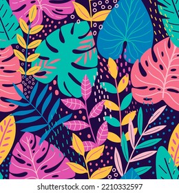 Exotic vector seamless pattern with tropical leaves. Tropical repeat background for fabric design. Floral print design for textiles, wrapping paper, gift paper, fabric.