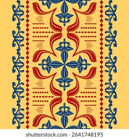 Exotic Vintage Baroque Embroidery Geometric Combine Contrast Color Red Blue Gold on Yellow Background Design Pattern. Intricate Ancient Scroll Ornament Abstract Florals Mosaic Tiles Craft Border Scarf