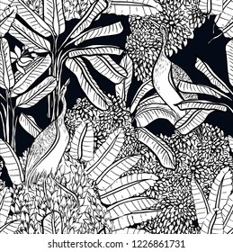 Exotic Vintage Jungle Forest with Palms and Banana Leaves, Wild Birds Heron, Botanical Seamless Patterns on Black Background