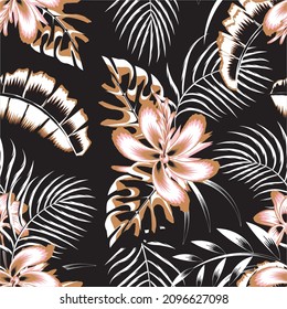 Exotic vintage jungle plants illustration seamless pattern with abstract hibiscus flowers and monstera palm banana leaves plants foliage on night background. fashionable prints texture. Summer design