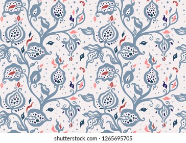 Exotic vintage pattern with blue flowers. Seamless Paisley floral, vector illustration. Can be used for wallpaper, textile, phone case print