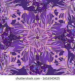 Exotic wallpaper. Summer design for fashion, prints, textile. Tropical palm leaves, jungle leaf seamless vector trendy floral pattern on beige, purple and violet background.