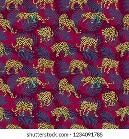 Exotic warm leopard pattern on textured background with leafs & spots. Endless vector repeat. Clean modern illustration style.