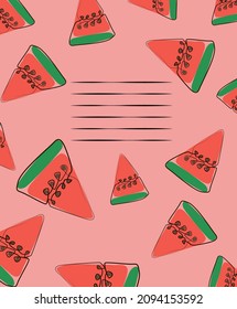 Exotic watermelon , collected in a composition on a pink background. Natural floral . Postcard for your text. Vector greeting card for your design.Frame for your text on floral background.