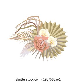 Exotic wedding bouquet vector art with rose, white orchids, palm branches and tropical foliage. Earthy colours palette. Summer beach boho wedding graphics.