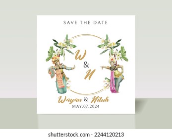 exotic wedding invitation card template with hand drawn balinese illustration theme