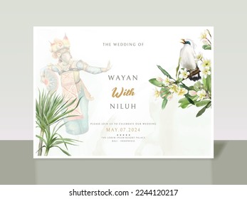 plantilla de tarjeta de invitación de boda exótica con tema de ilustración balinesa dibujado a mano