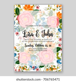 Exotic wedding invitation with wreath of tropical flowers of hibiscus, rose and palm leaves