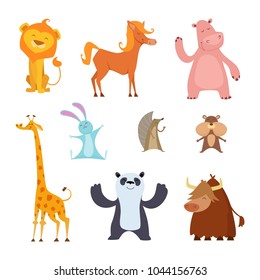 Exotic wild animals in cartoon style. Wild mammal character, tropical hippopotamus and panda, bull and giraffe, buffalo illustration vector