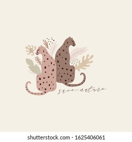 Exotic wild animals. Leopards couple in the jungle, tropical rainforest. Inhabitants of Asia. Palm leaves background. Good for summer sale, social media promotional content and more. Different plants