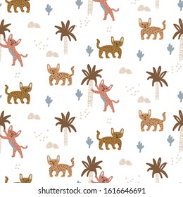 Exotic wild cat seamless pattern with abstract trees. Hand drawn cute design vector texture. Cheerful cheetah jungle animals.