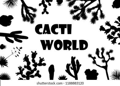 Exotic wildflower cactus frame. Saguaro, prickly pear, and joshua tree banner