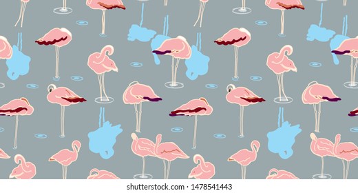 Exotic wildlife flamingo lagoon pattern for nature and bird lovers. Simple yet elegant hand drawn flamingo, in pastel tones on grey. Seamless vector summer design for fashion and stationary.