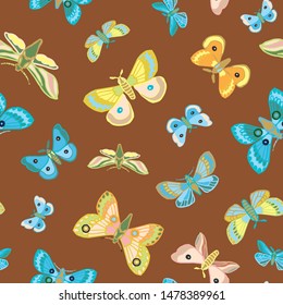 Exotic wildlife rainforest butterfly pattern for nature and garden lovers . Scattered hand drawn butterfly, in pastel tones on brown. Seamless vector for home decor, stationary and fashion.