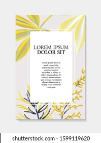 Exotic yellow flowers and leaves decoration on grey background. Modern realistic design wih jungle  leaves template for the hotel, beauty salon, spa, restaurant, club. Vector illustration