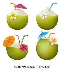 Exotic young coconut cocktails with plumeria flowers, umbrellas and drinking straws isolated on white background. Vector illustration.