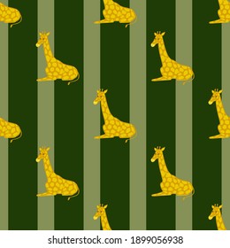 Exotic zoo seamless pattern with hand drawn yellow doodle giraffe ornament. Green striped background. Vector illustration for seasonal textile prints, fabric, banners, backdrops and wallpapers.