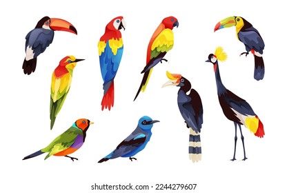 Exotical birds set, vector icons or cliparts.