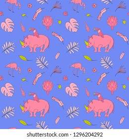 Exotical seamless pattern with pink elements: rhino, toucan, flamingo, tropical leaves, fern, orchid and succulents on blue background. Good modern print