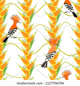 Exotical, tropical seamless pattern with birds & flowers. Vector.