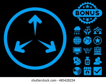 Expand Arrows icon with bonus elements. Vector illustration style is flat iconic symbols, blue color, black background.