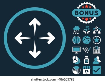 Expand Arrows icon with bonus pictogram. Vector illustration style is flat iconic bicolor symbols, blue and white colors, dark blue background.